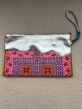 Silver and Pink Embroidered Wristlet Clutch